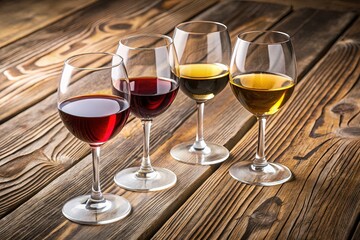 Naklejka premium Elegant Wine and Wine Glass Stickers: A Set of Four on Rustic Wooden Background