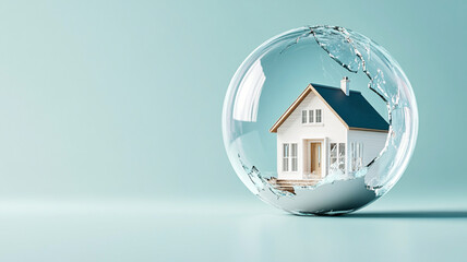 Small house model inside glass sphere on mint green backdrop, representing housing market and real estate protection