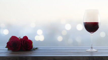 Romantic red rose with glass of wine on windowsill against blurred bokeh light backdrop creates intimate Valentine day ambiance