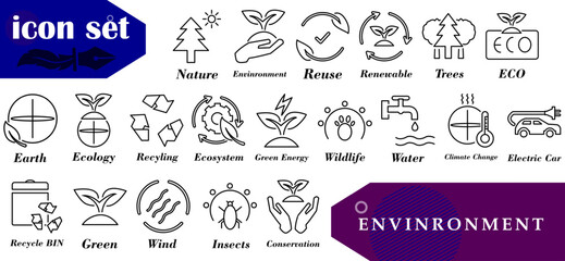 Set of environmental icon illustrations in modern and user-friendly style. Ideal for web and app design, green nature conservation. etc.