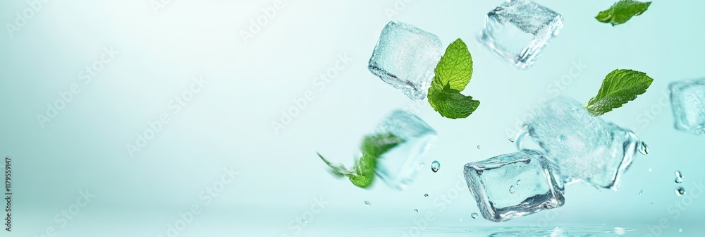 Poster Ice cubes and mint leaves are levitating on a light blue background, creating a refreshing and cool visual with water droplets adding a dynamic touch