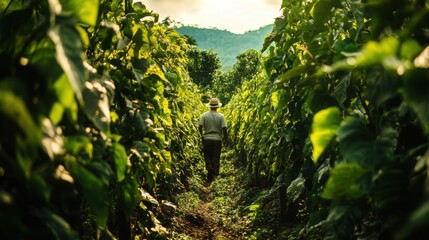 Fototapeta premium Farmer Walking Through Lush Green Rows of Crops at Sunset