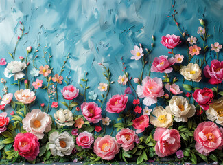 Beautiful peony flowers boarder on light blue background.