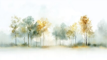 Fototapeta premium Luminous watercolor forest painting, sunlight dappled trees and lush foliage create a tranquil sanctuary