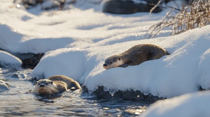 Obraz premium A pair of river otters playfully sliding down a snow-covered bank into a partially frozen stream.