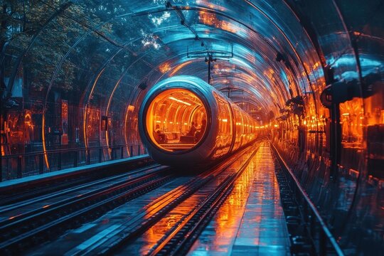 futuristic hyperloop transportation pod speeding through transparent tunnel in modern metropolis at sunset innovative mass transit technology concept