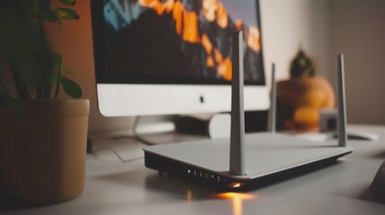 Modern router with blinking LED lights on clean desk. Symbolizes network security with copy space for text or design.