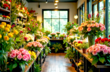 Colorful flower arrangements creating a vibrant atmosphere in a floral shop on a sunny day