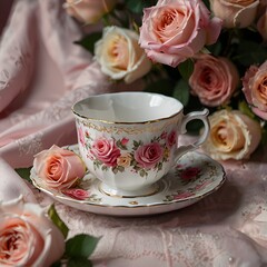 Fototapeta premium white coffee cup and boquet of roses