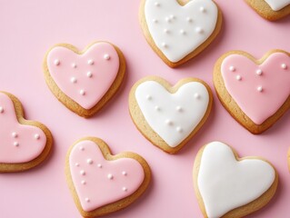 Obraz premium Heart-shaped cookies with pink and white icing, adorned with small decorative dots, arranged on a pink background.