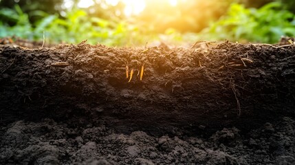 The cross-section of the soil reveals carrots growing underground, with a background featuring green plants and a sunlit sky. The focus is on detailed textures in both ground layers, showcasing 