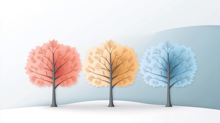 Three colorful trees on a white background, vibrant and minimalist design three