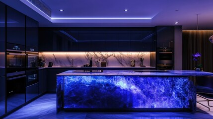 A luxury kitchen with a futuristic design: glossy black cabinetry, touch-screen appliances, and an underlit marble island. Soft ambient lighting creates a cozy atmosphere.