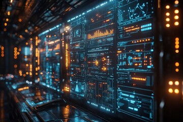 futuristic network operations center with multiple holographic displays showing realtime cybersecurity monitoring and data flow analysis