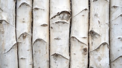 Naklejka premium Close-up of multiple light-colored birch tree trunks arranged vertically, showing detailed bark texture.