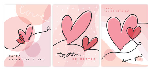 Valentine cards concept with one line continuous drawing hearts on pastel colored background. Love cover backgrounds. Vector illustration
