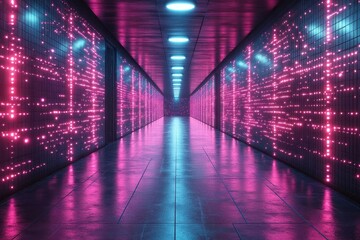 futuristic technological landscape with neon grid matrix dynamic perspective of glowing cyan and purple light networks creating immersive virtual reality environment