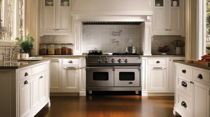 Fototapeta premium A timeless luxury kitchen with classic white cabinetry, dark wood floors, and a subway tile backsplash. A vintage-inspired range and pot filler add charm.