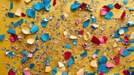 Colorful confetti and glitter on yellow background.