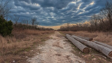 A hiking trail interrupted by a fresh landslide, fallen logs and debris making the path impassable, cloudy sky overhead