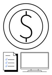 Dollar icon in a circle above a checklist with two blue checkmarks and a computer monitor. Ideal for financial planning, budgeting, business strategy, online banking, accounting, digital marketing