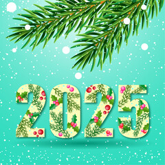 Winter holiday banner with the numbers of the new year 2025, fir branches, falling snowflakes on a green background.