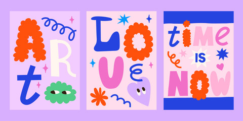 Creative inspirational phrases vector posters design set. Bright playful groovy abstract card templates