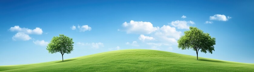 Fototapeta premium Two trees on a hill, serene landscape under vibrant blue sky two