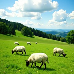 Fototapeta premium Flock of sheep grazing peacefully in a green meadow , grass, nature, fields