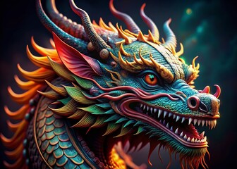 Obraz premium Fierce American Traditional Dragon Head, Detailed Close-Up Studio Shot
