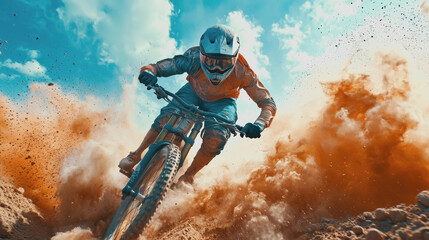 Dynamic Action Shot of a Man Skillfully Riding a Dirt Bike on a Dusty Trail Surrounded by Lush Greenery and Vibrant Nature Showcasing the Thrill of Offroad Adventure and Freedom