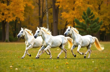 White horses run across an autumn meadow against the backdrop of an autumn forest.