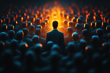 Obraz premium A solitary figure stands at the forefront of a sea of indistinguishable silhouettes illuminated by a warm glow, reflecting themes of individuality and collective existence.