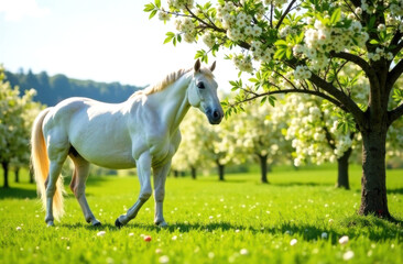 Fototapeta premium A white horse stands in a meadow in a blossoming apple orchard on a sunny summer day.