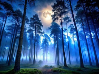 Fototapeta premium Foggy Forest at Night, Tall Trees, Mystical Atmosphere, Dark Nature Scene