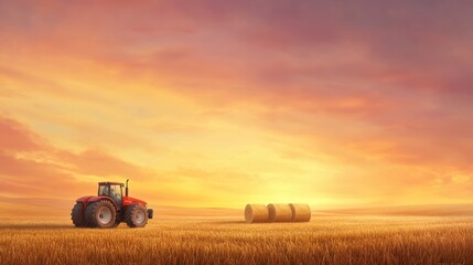 Fototapeta premium Golden wheat harvest, a tractor works in the agricultural field