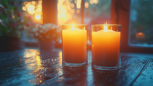 Warm Glow of Two Flickering Candles on a Wooden Table Surrounded by Soft Shadows with a Bright Window in the Background Creating a Cozy and Inviting Atmosphere for Relaxation