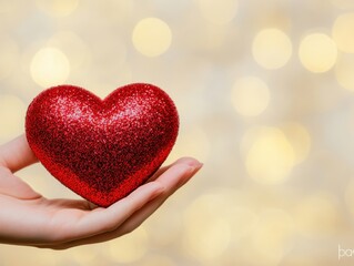 Fototapeta premium A hand holding a sparkling red heart against a blurred golden background, symbolizing love and affection.