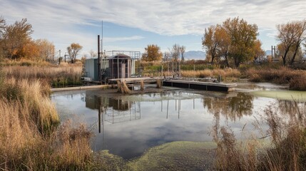 Autumnal Wetland Wastewater Treatment Facility with Pond Reflections
