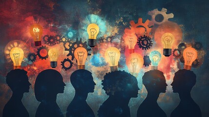 Abstract Silhouettes of Heads with Glowing Light Bulbs and Gears