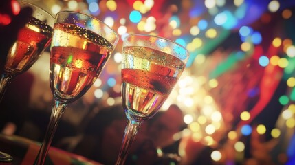 Cheers to Celebration: Sparkling Drinks Highlighting a Vibrant Party Atmosphere with Colorful Lights and Joyful Moments