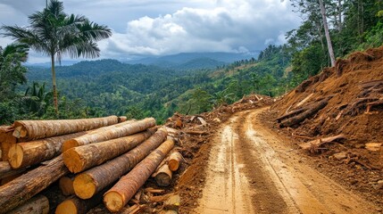 A hiking trail interrupted by a fresh landslide, fallen logs and debris making the path impassable, cloudy sky overhead, 