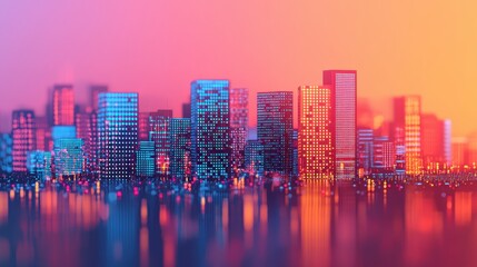 Fototapeta premium A vibrant city skyline at dusk, showcasing illuminated buildings reflected in water, with a colorful gradient sky adding depth and atmosphere.