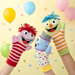 Naklejka premium A group of colorful sock puppets with expressive faces, posing on a bright yellow background, radiating joy and creativityphotography, color image, horizontal, no people, toy, fun, multi colored,