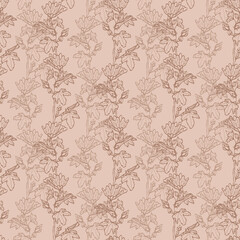 Seamless floral pattern in 2025 colors featuring wildflowers and branches on a beige background. Hand-drawn mallow and tree leaves make up elements for fabrics and wallpapers.