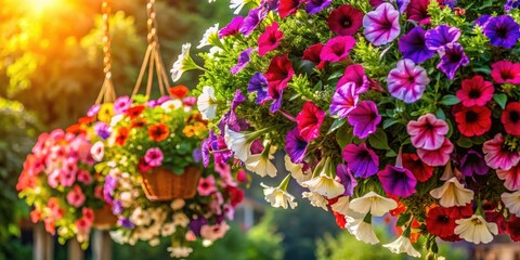 Cascading petunias create vibrant summer displays in panoramic hanging baskets.