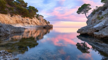 Obraz premium Serene Bay at Dusk, tranquil waters reflecting soft pink sky hues, creating a peaceful evening atmosphere.