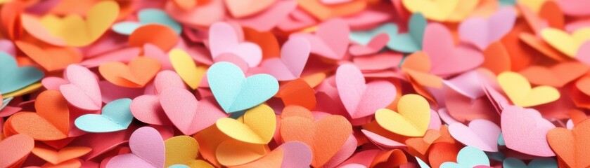 Obraz premium A vibrant assortment of colorful heart-shaped confetti scattered on a surface, perfect for celebrations and romantic occasions.