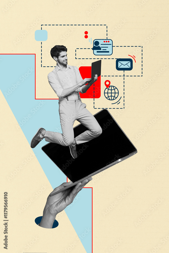 Poster composite trend artwork sketch image collage of cyberspace webpage interface icon young guy jump hug