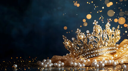 luxurious gold crown adorned with pearls and sparkling gems, resting on golden fabric, evokes elegance and celebration